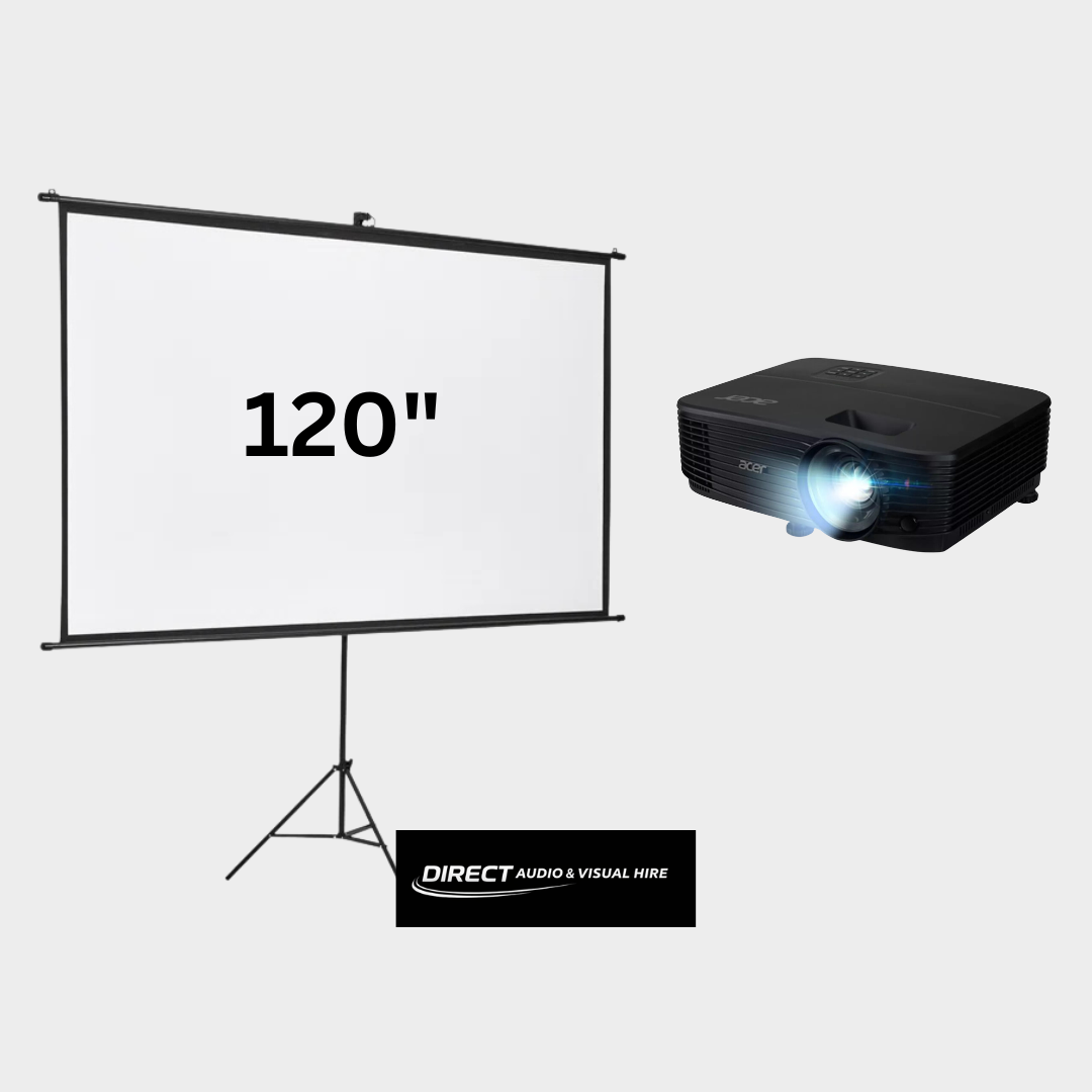 X1 projector, x1 remote, hdmi cable, x1 projector screen (120") & stand