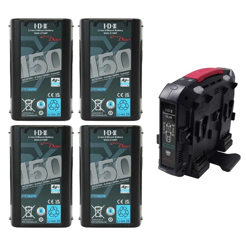 4x idx duo-c150p v-lock batteries with vl-4x charger in a hard case