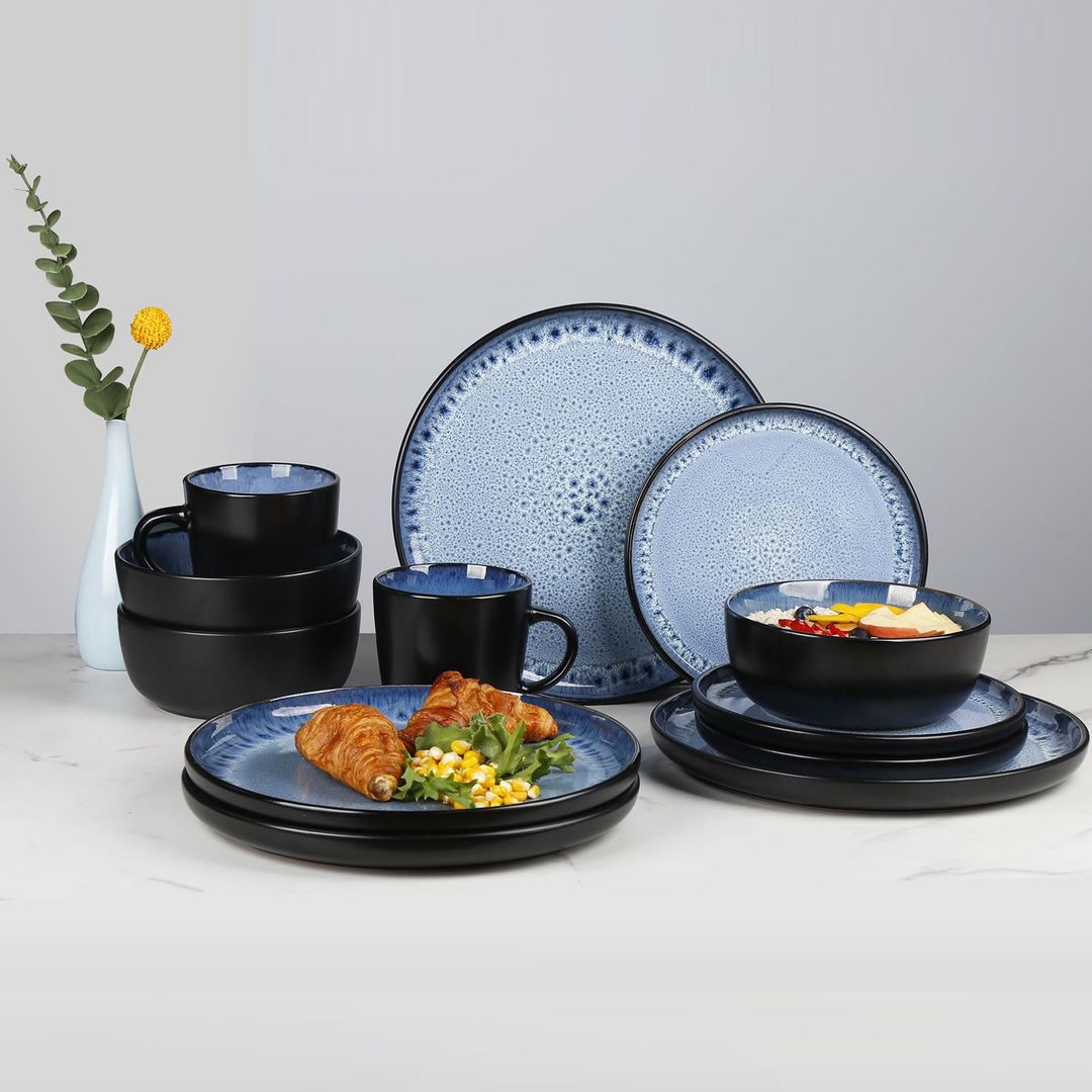 Greentainer stoneware dinner plates, ocean blue set of 4 handmade plates set, dessert, salad plates, microwave & dishwasher safe, round kitchen plates, ocean blue, 8''