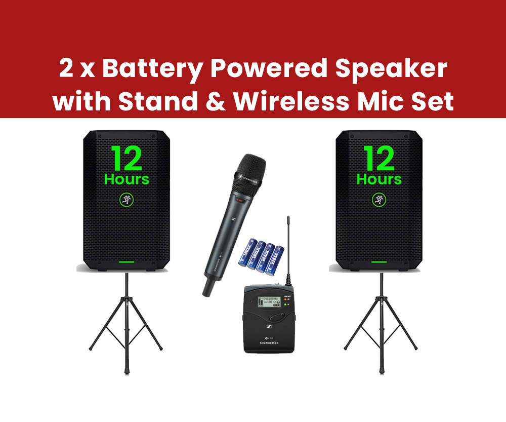 2 x "mackie thump go" battery powered speaker with wireless handheld mic