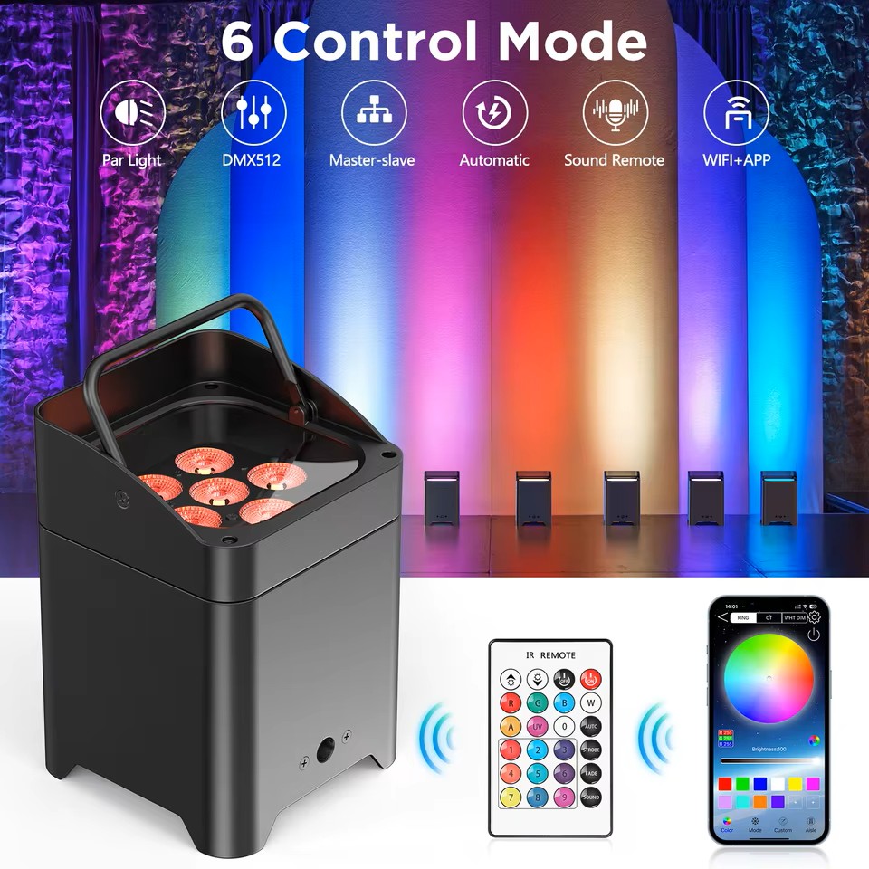 6 stk trådløse washlights med batteri + flightcase (dmx/lydstyring)