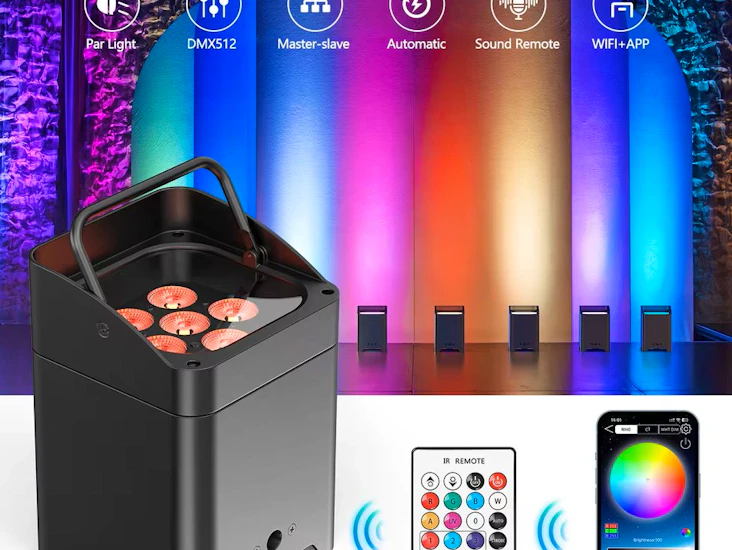 6 stk trådløse washlights med batteri + flightcase (dmx/lydstyring)