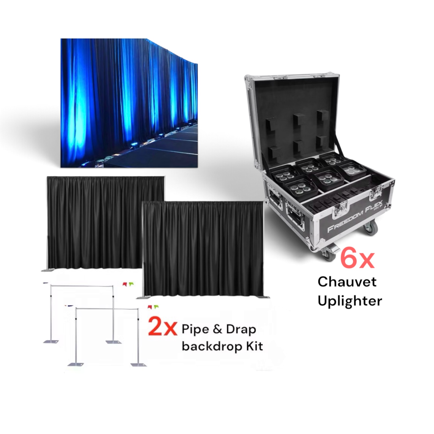6x chauvet dj freedom flex h4 uplights lights 2x pipe & drape backdrop stand  