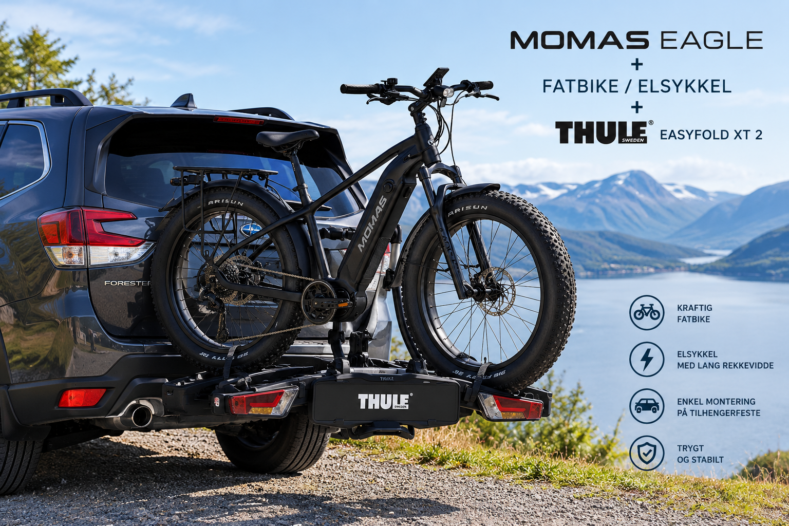 1x elsykkel / fatbike med sykkelstativ - momas eagle + og thule easyfold xt2