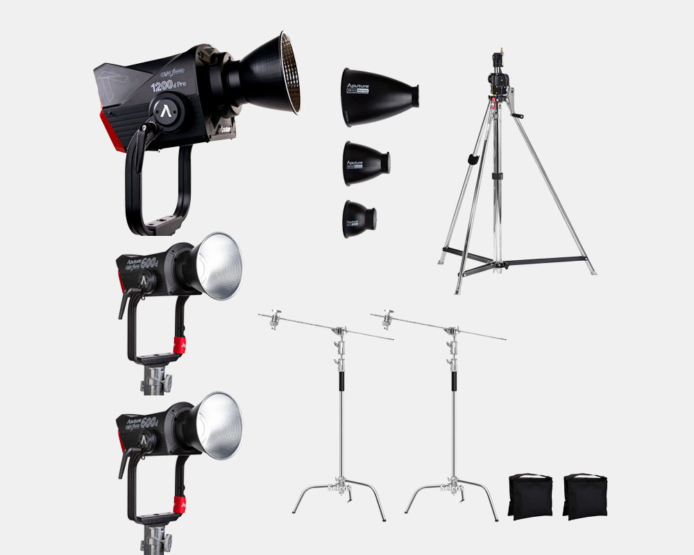 1x aputure ls 1200d + kit 2x aputure ls 600d kit + 2x c-stand 1x manfrotto 083nw wind up stand
