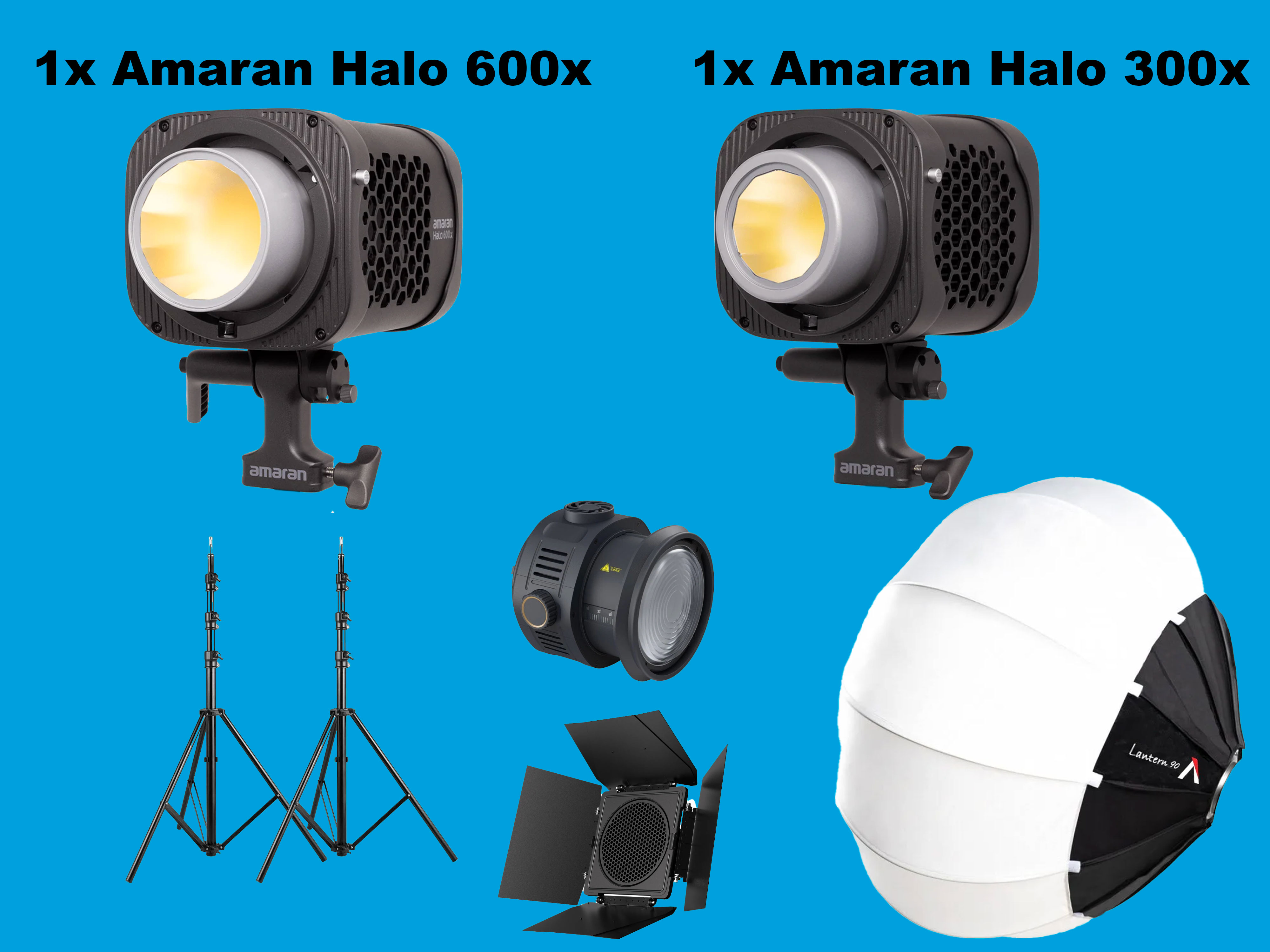 1x amaran halo 600x, 1x amaran halo 300x, lantern, fresnel, all in 1 bag, aputure