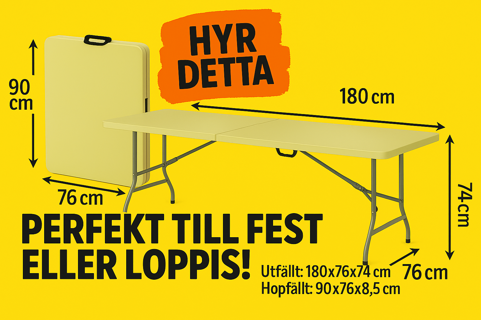 Stabilt ihopfällbart bord – perfekt för fest, loppis eller event!