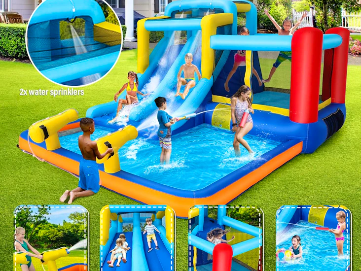 Hoppborg med vattenslang och rutschkana