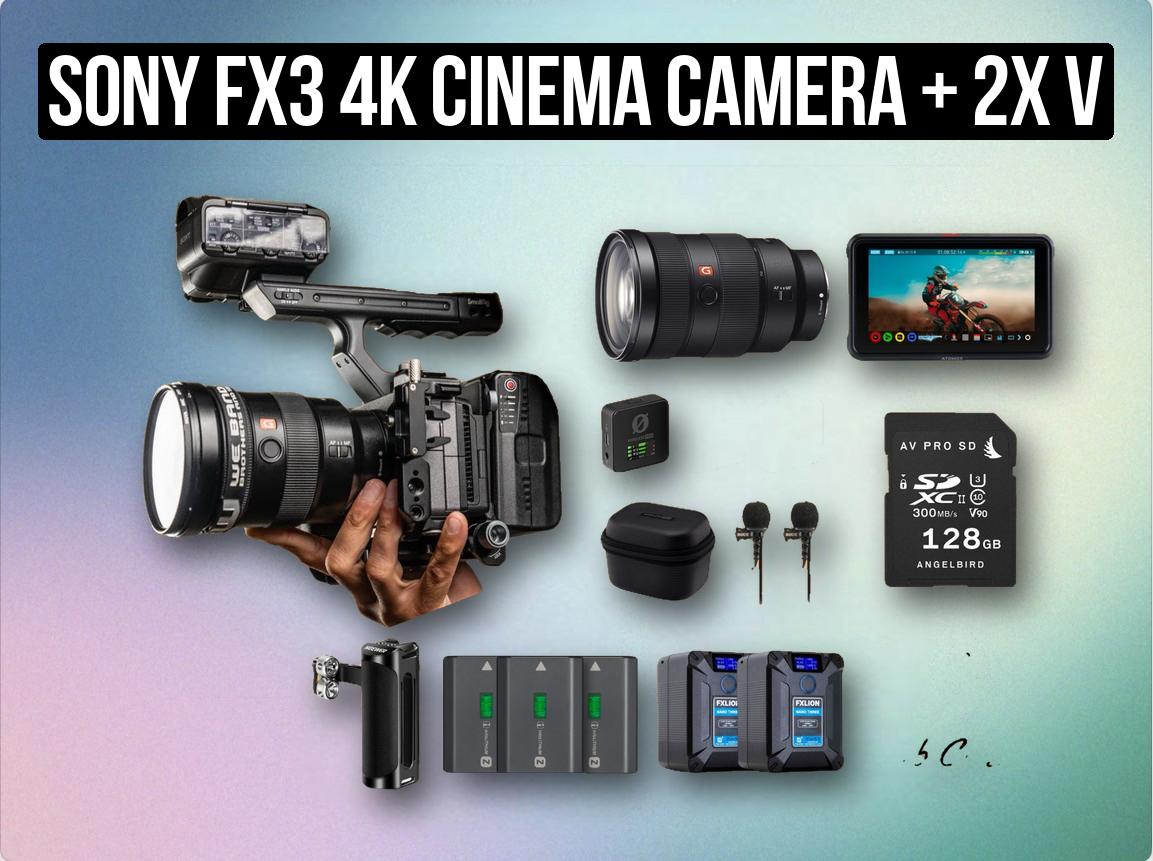 Sony fx3 4k cinema camera + 2x v mounts + monitor + 1tb ssd + mic pro + g master zoom + wireless mics pro