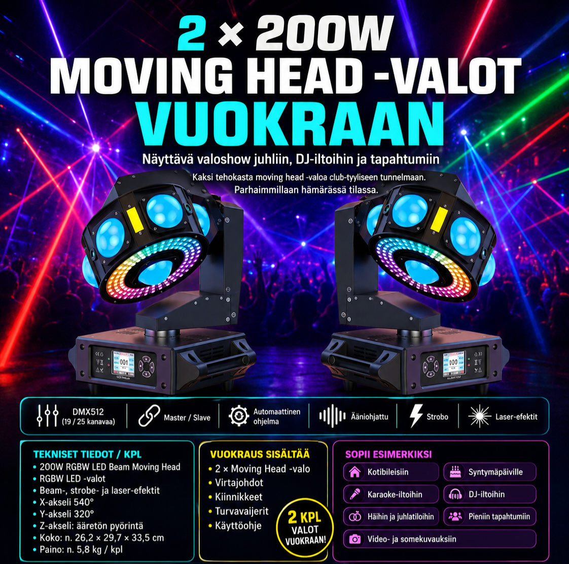 🌈 2 × 200w moving head -valot vuokraan