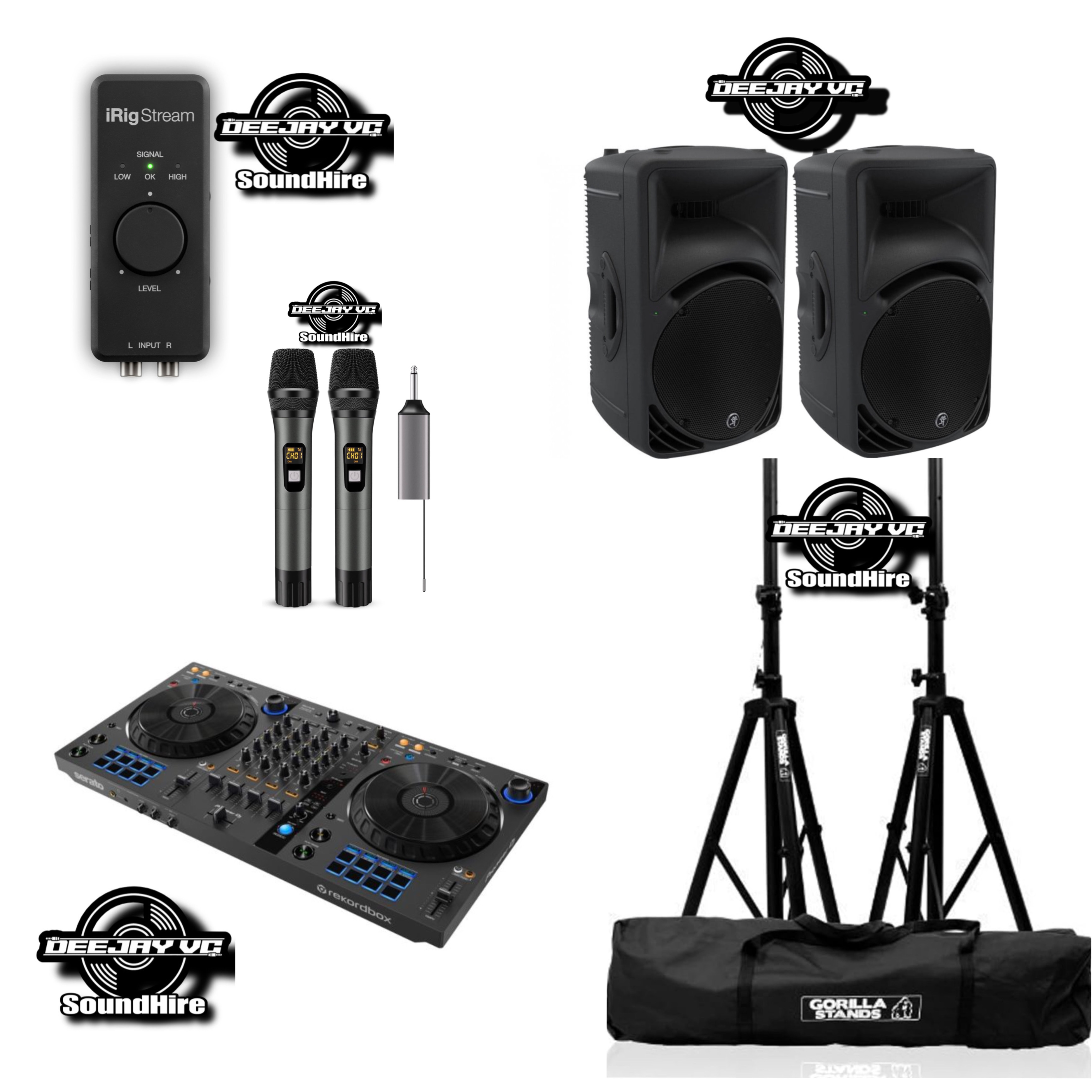 Vc’s deal‼️ - ddj flx6 + 2x mackie srm 450 v3 + 2x gorilla tripod stands + 2x wireless microphones + irig stream