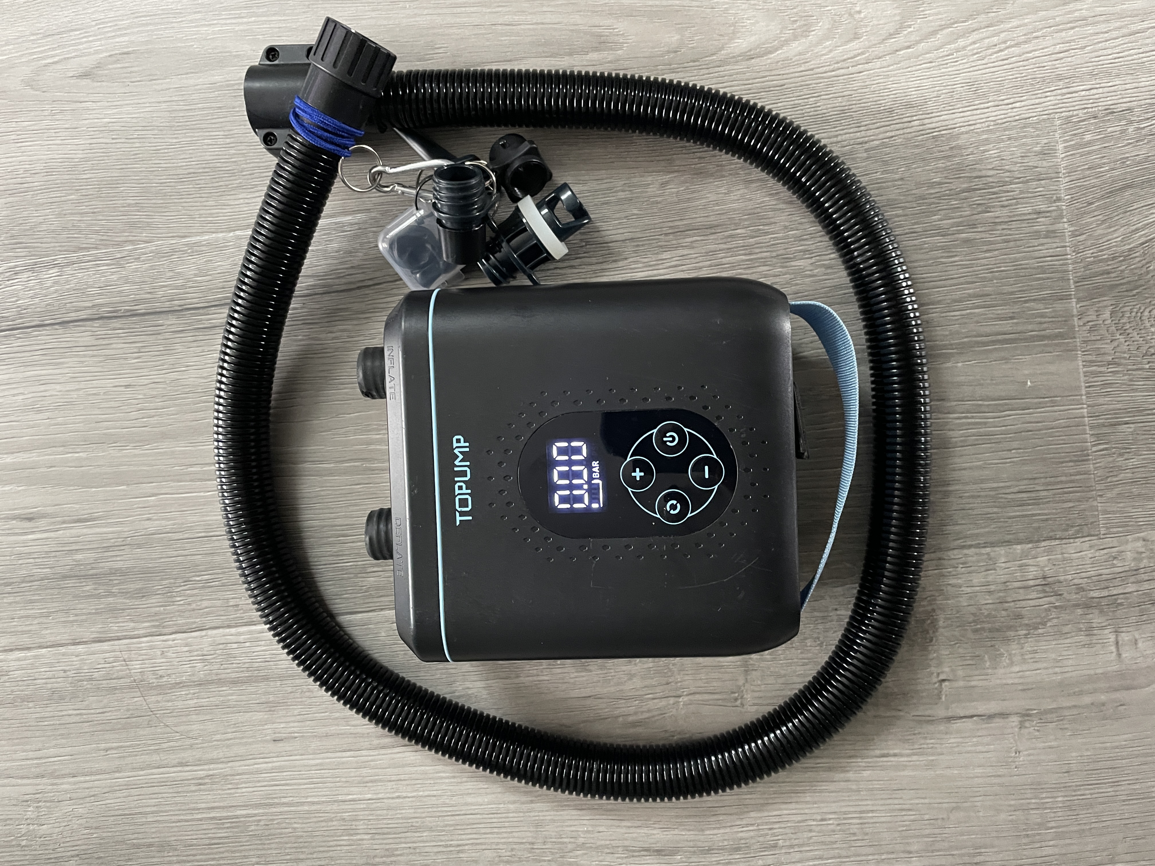 Topump rechargable cordless sup pump 20psi for kayak, tent, board, mattress.