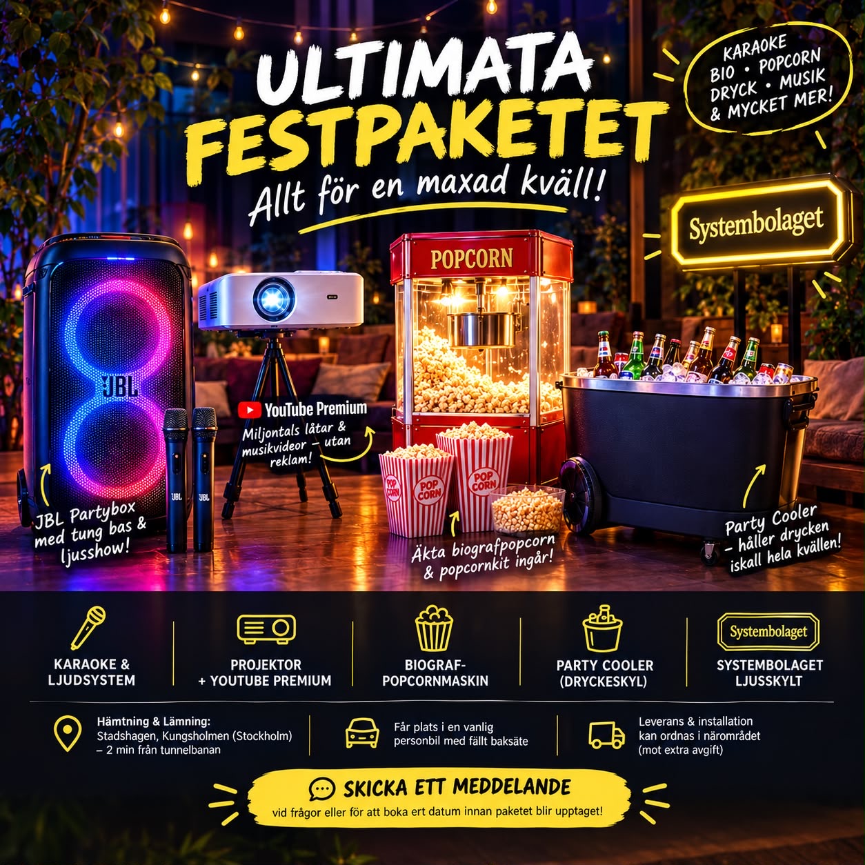 Komplett festpaket | karaoke, projektor, popcorn & partykyl