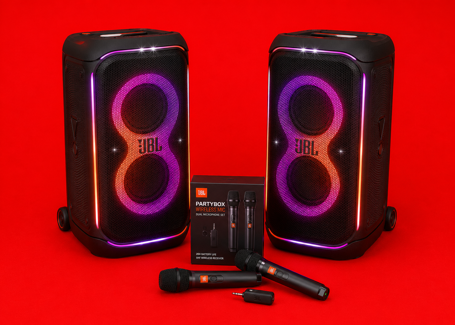 2x jbl partybox stage 320 portable  + 2x jbl wireless microphones