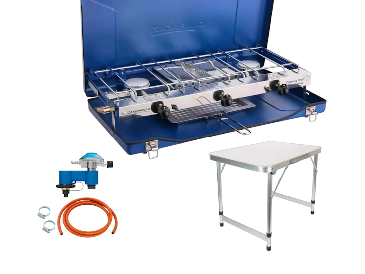 Camping chef double burner & grill stove campingaz gas bbq event f ood connection cv/r regulator kit folding table