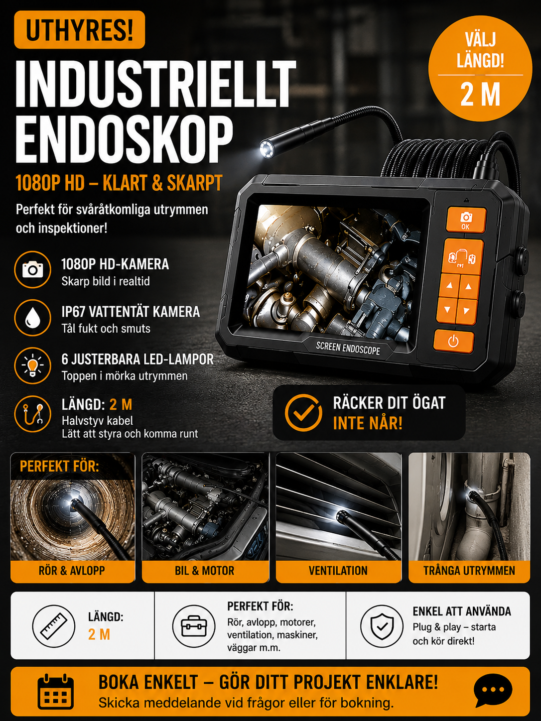 Inspektionskamera uthyres – 2 m kabel