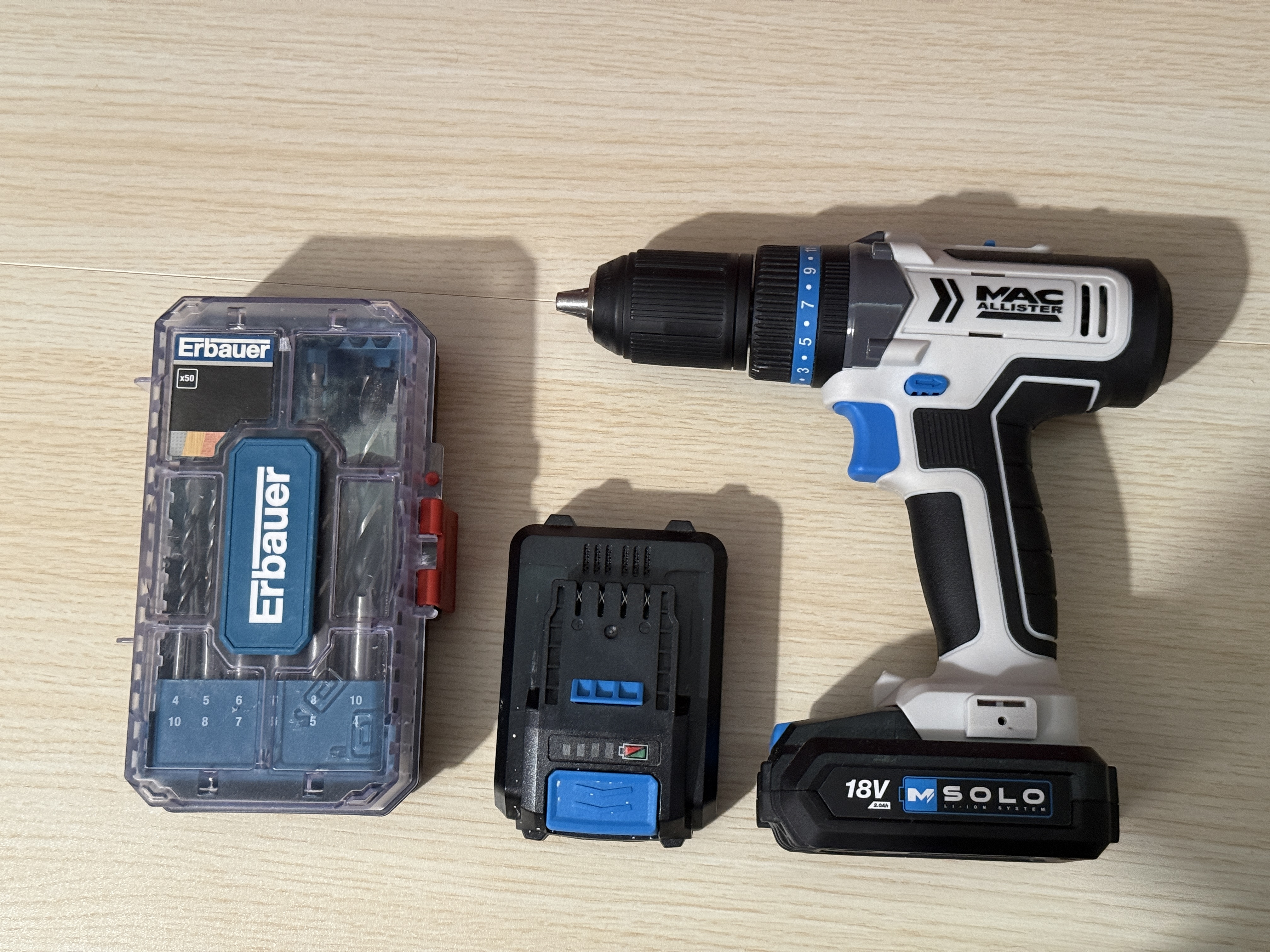 Drill kit. macallister combi drill, set of drill bits + 2 batteries in a case