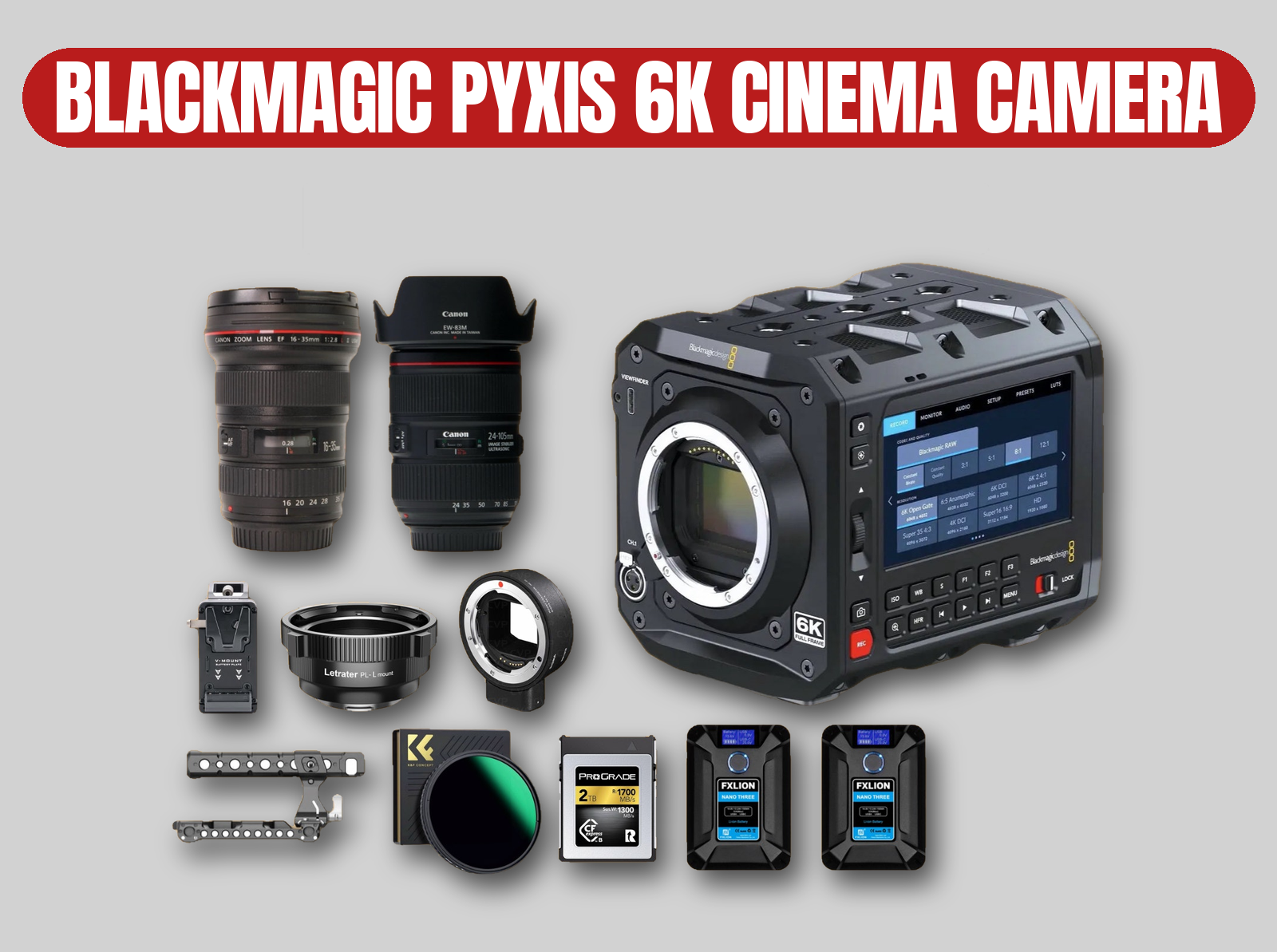 Blackmagic pyxis 6k cinema camera | modular 6k raw/prores body, canon ef lens set, 24-70mm, 70-200mm, mount adapters, v-mount power (like canon c300 / sony fx6)
