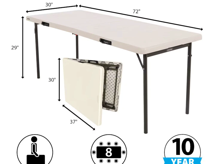 Two x 6ft lifetime commercial fold-in-half table rental, seats 8, heavy duty hdpe, indoor outdoor event table