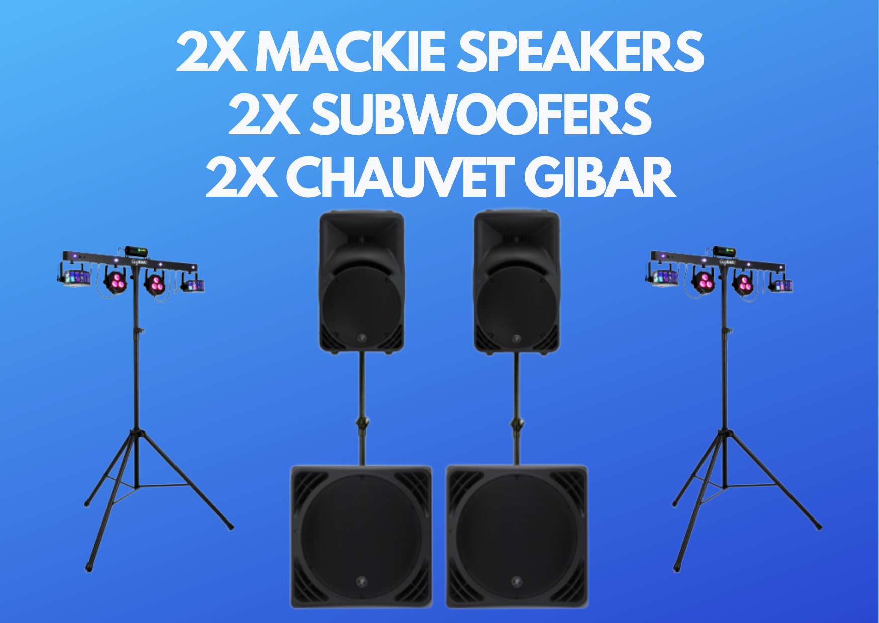 2x mackie speaker + 2x subwoofers pa system, +  2x chauvet gigbar 2 lighting gigbar, laser strobe uv disco 