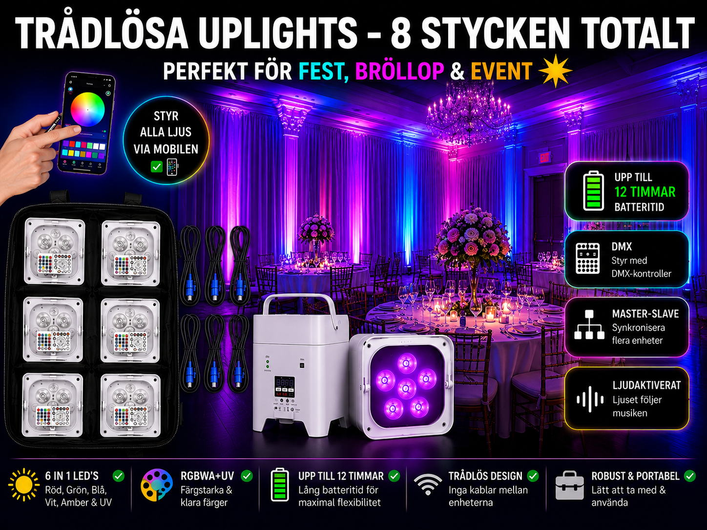 💡✨ 8 st trådlösa stämingsljus/ uplights / par-ljus / partyljus– 8 stycken rgbwa+uv med batteridrift & appstyrning