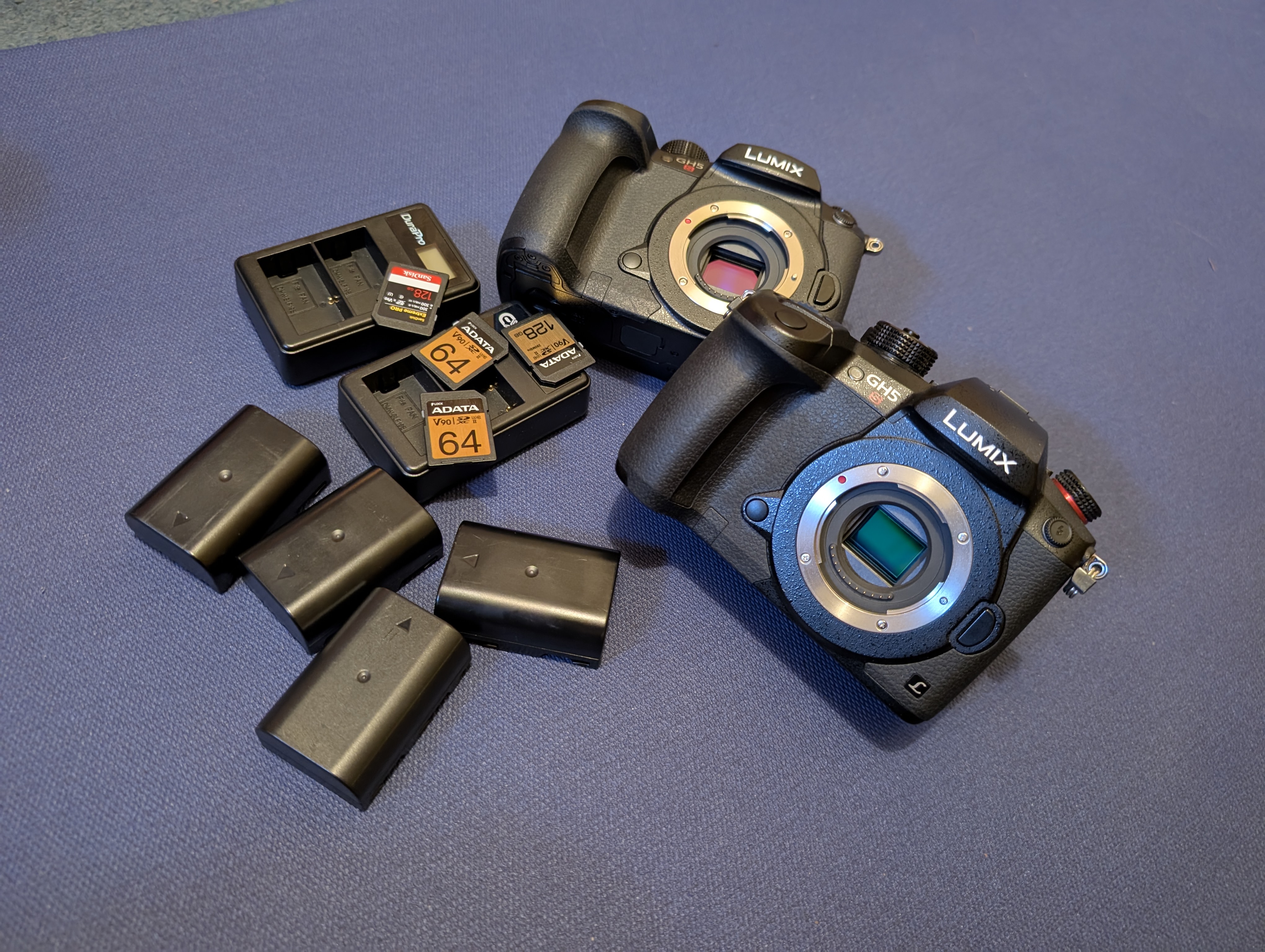 2 x panasonic gh5s with 4 x batteries, 4 x memory cards, 2 chargers.