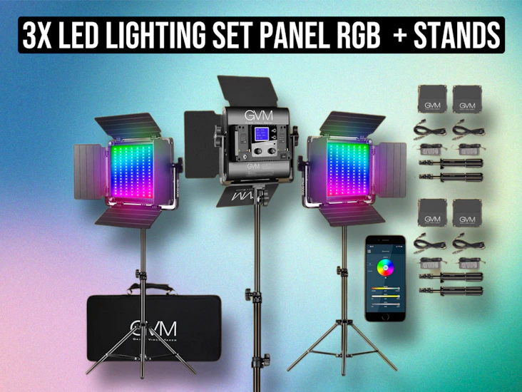 3x rgb led light panels + stands – full lighting kit for film, photography & studio | gvm rgb led panel light set 800d, soft light, adjustable color temperature, app control, video light kit