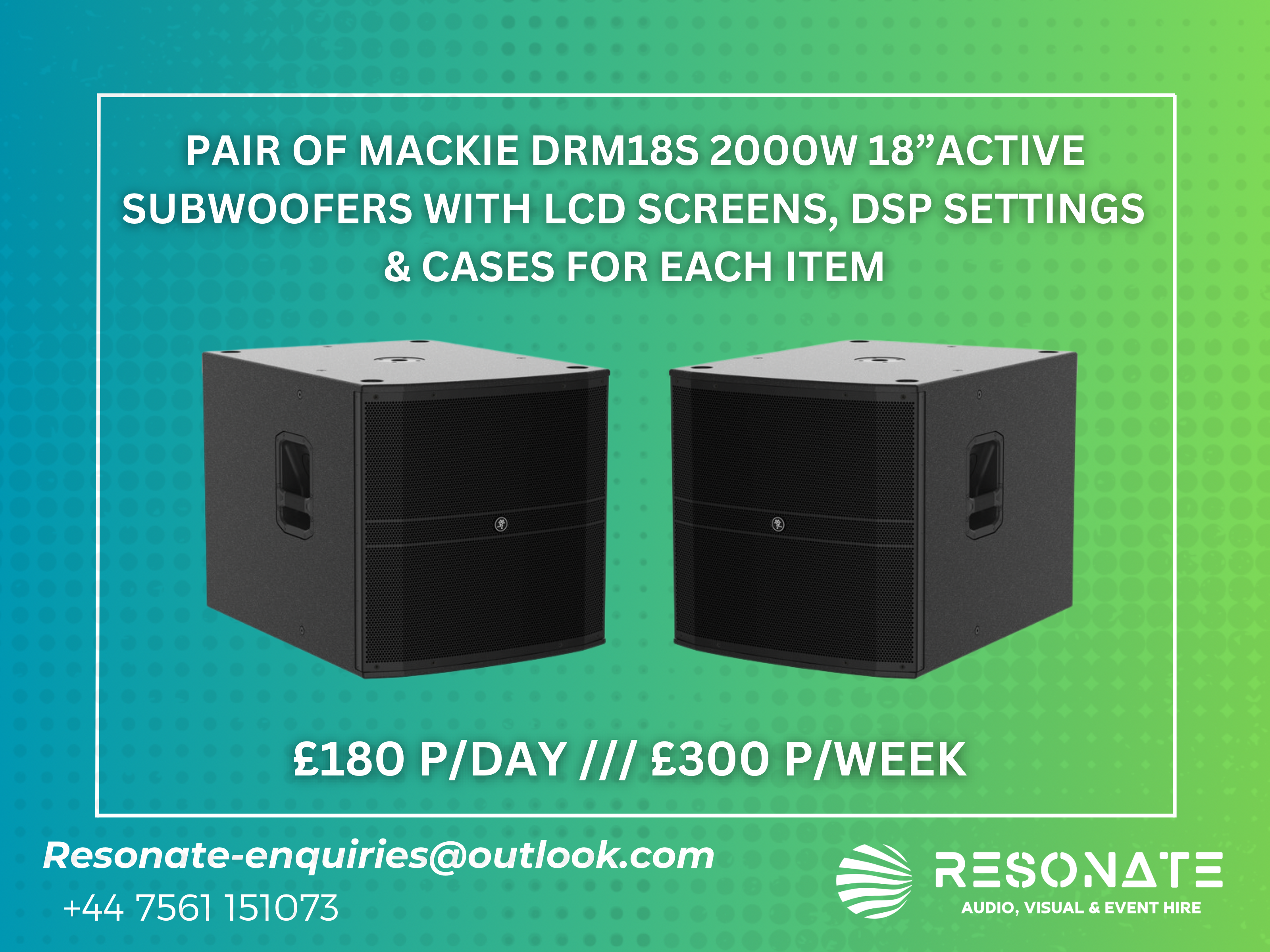 Pair of mackie drm18s 2000w 18”active subwoofers with lcd screens, dsp settings  & cases for each item