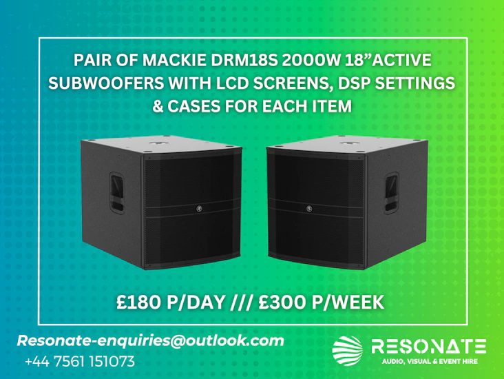 Pair of mackie drm18s 2000w 18”active subwoofers with lcd screens, dsp settings & cases for each item