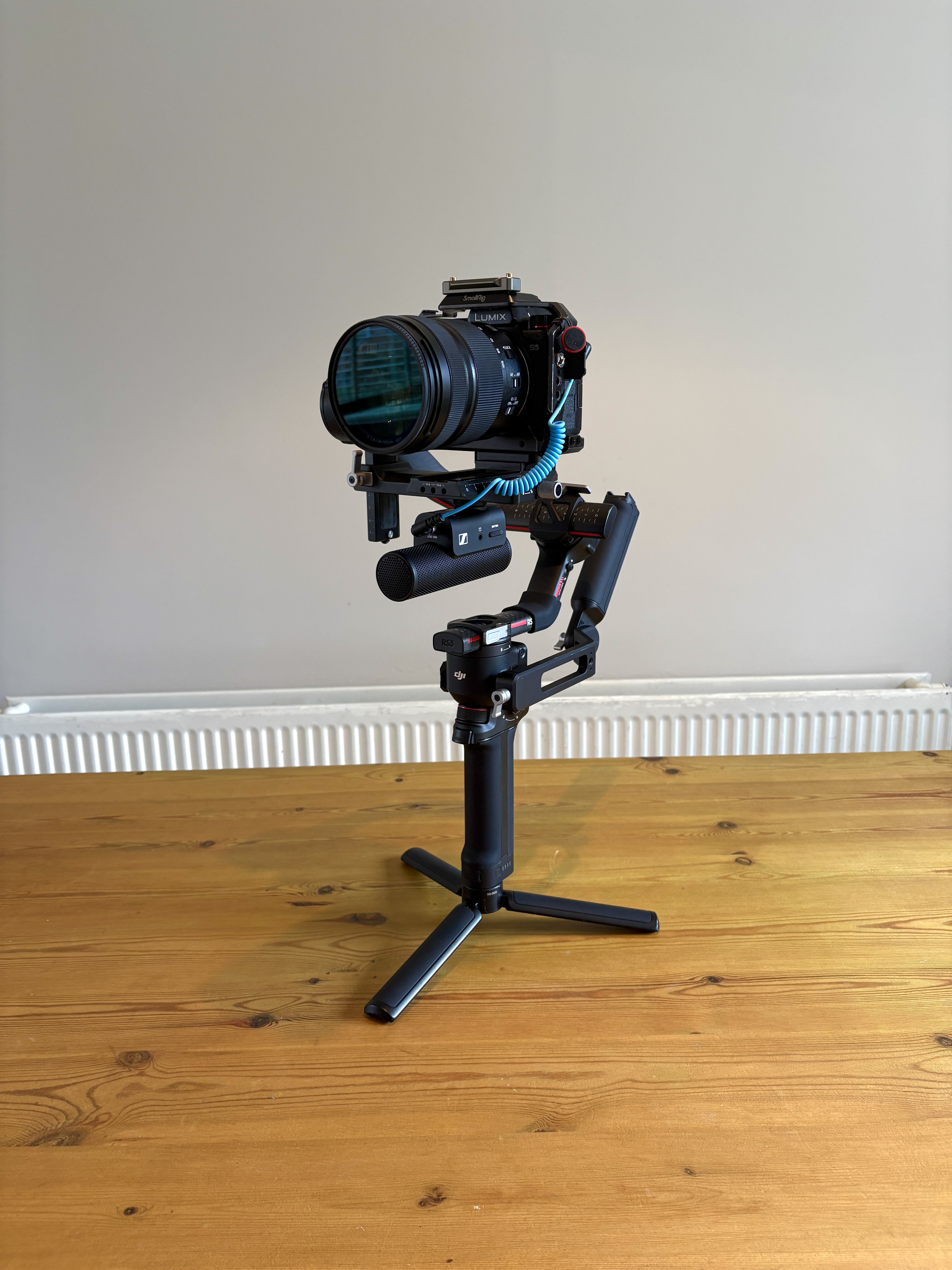 Lumix s5, 24-104 lens, dji rs3 pro gimbal & senehiser mic