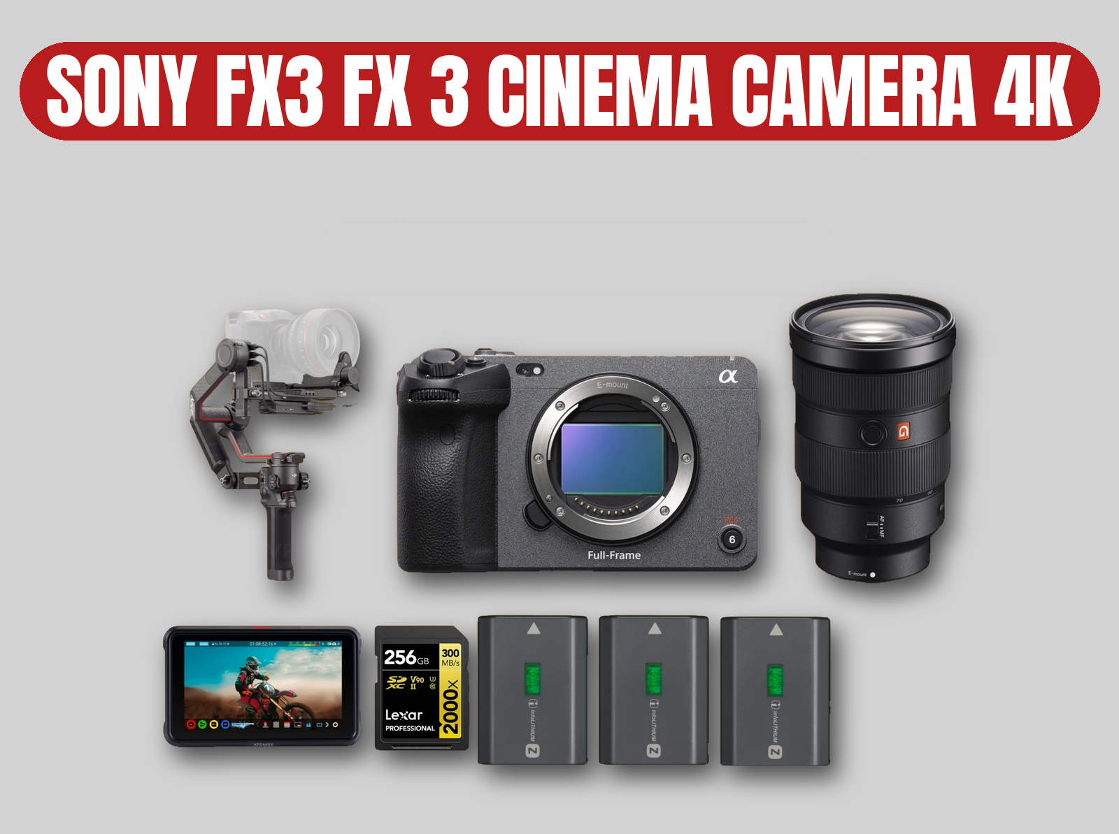 Sony fx3 cinema camera 4k kit | gm 24-70mm f2.8 lens / dji rs 2 ronin gimbal / atomos ninja v monitor recorder