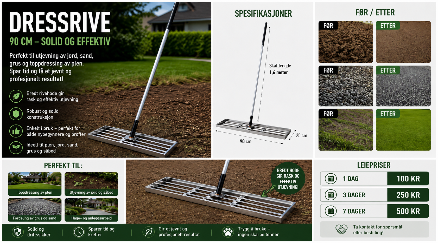 Dressrive 90 cm – perfekt til plen, jord og grus 🌱