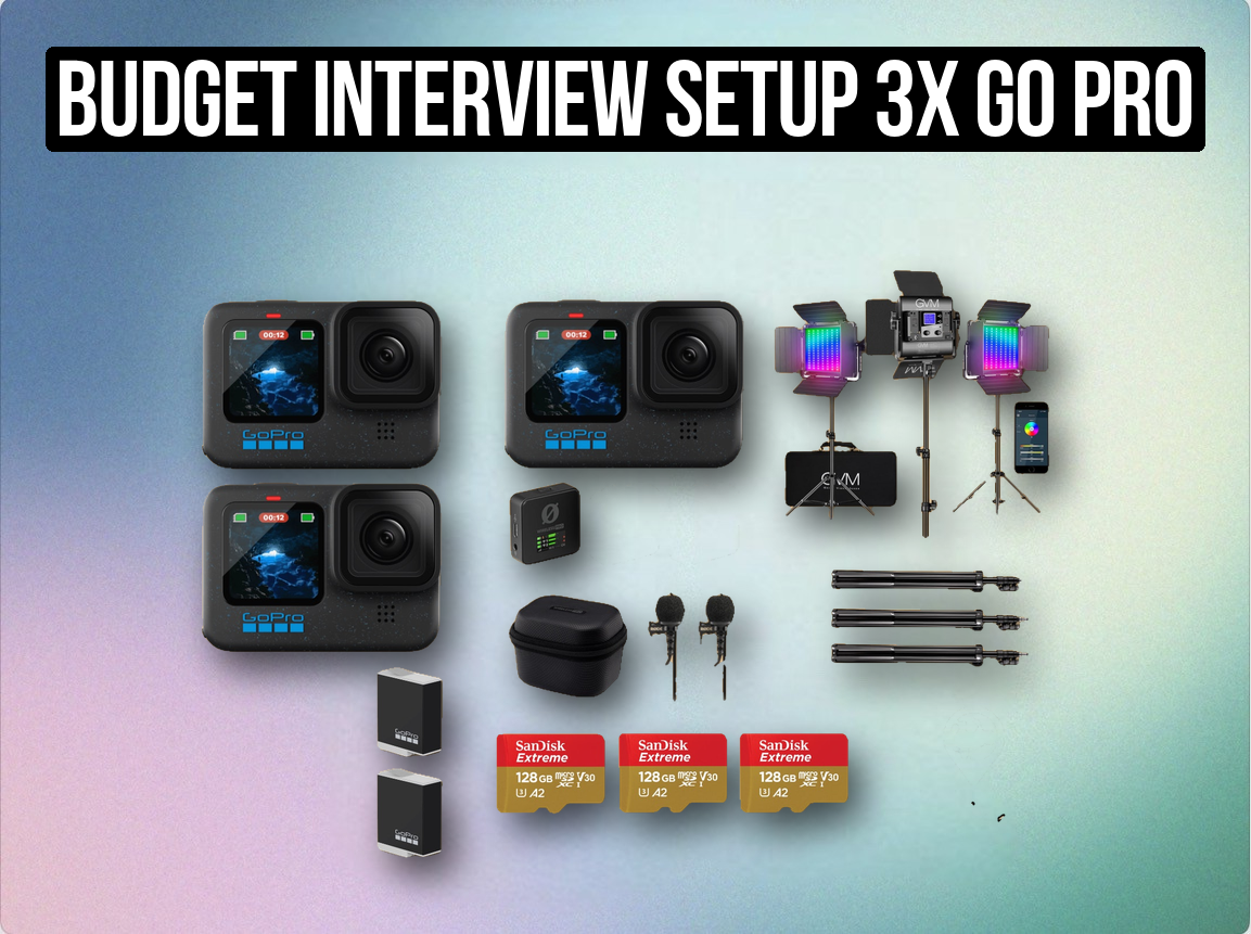 Budget interview setup 3x go pro hero 12 set + 2x rode wireless pro mics + lavs + stands + 3x 128gb sd card + rgb led lights 3x 