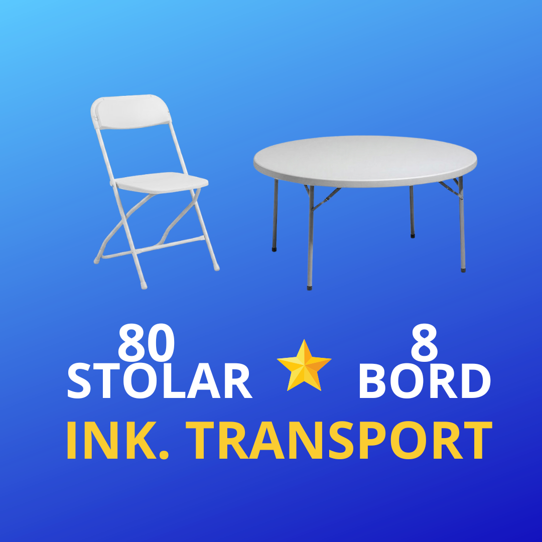 8 runda bankettbord  med 80 vita/svarta klappstolar - paketpris ⭐ (inklusive transport)