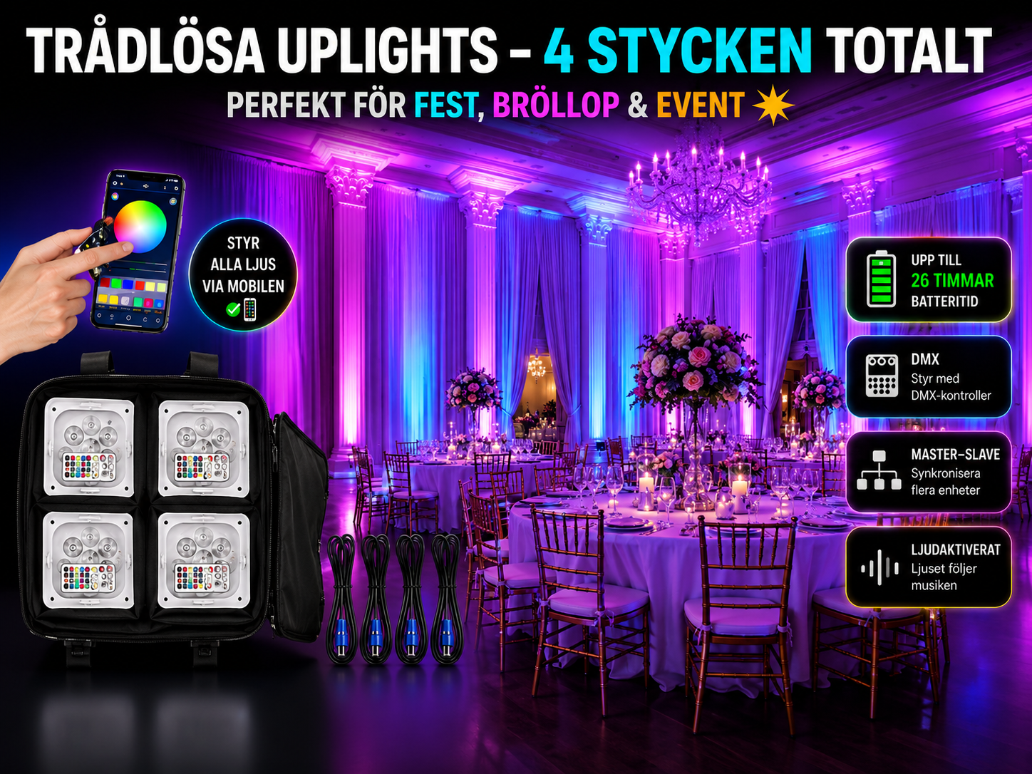 💡✨ trådlösa uplights / par-ljus / partyljus – 4 stycken rgbwa+uv med batteridrift & appstyrning