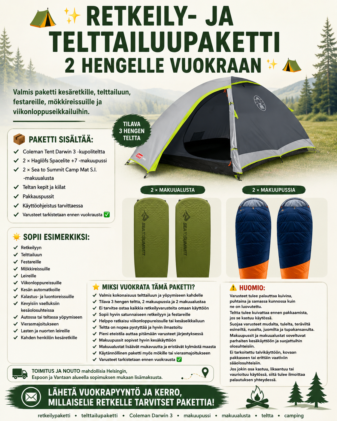 🏕️✨ retkeily- ja telttailupaketti 2 hengelle vuokraan ✨🏕️
