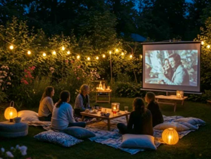 Projector, speakers and screen perfect for movie night in garden