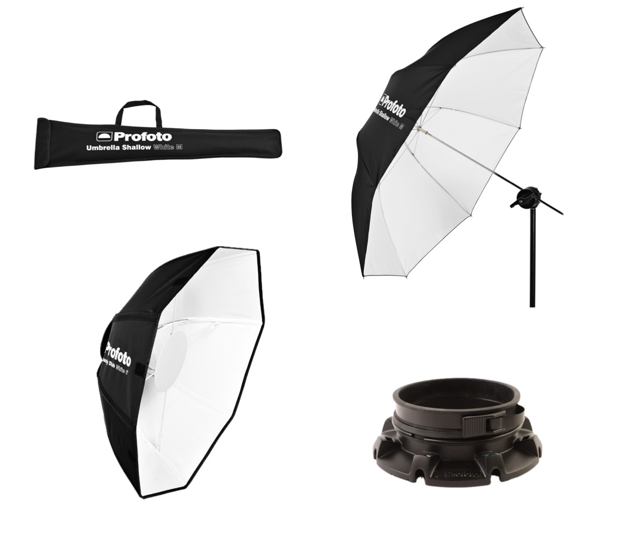 Profoto ocf beauty dish, shallow umbrella (white, medium) and ocf speed ring bundle