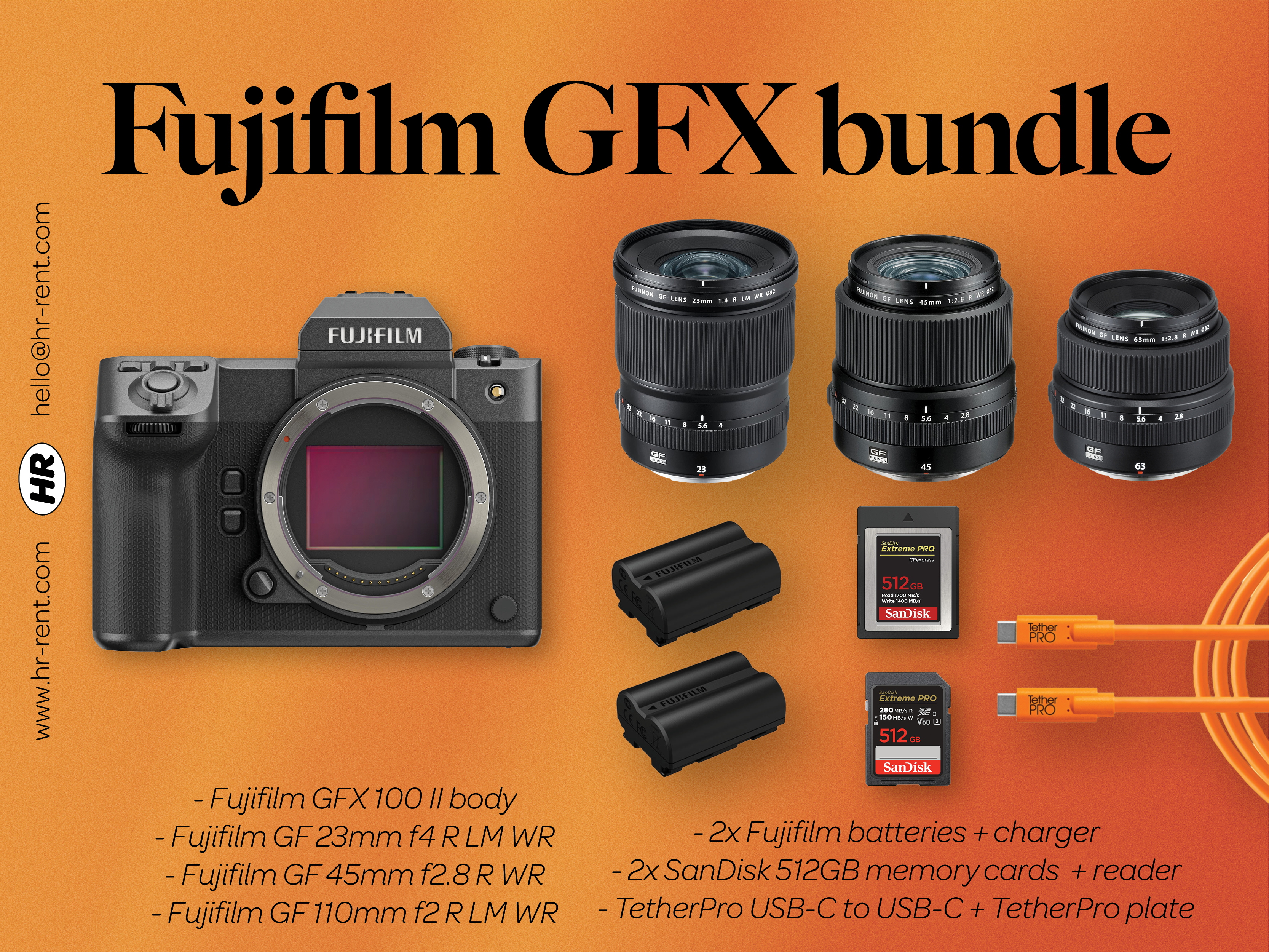 Fuji fujifilm gfx 100 ii medium format + gf 23mm f4 + gf 45mm f2.8 + gf 63mm f2.8 lenses