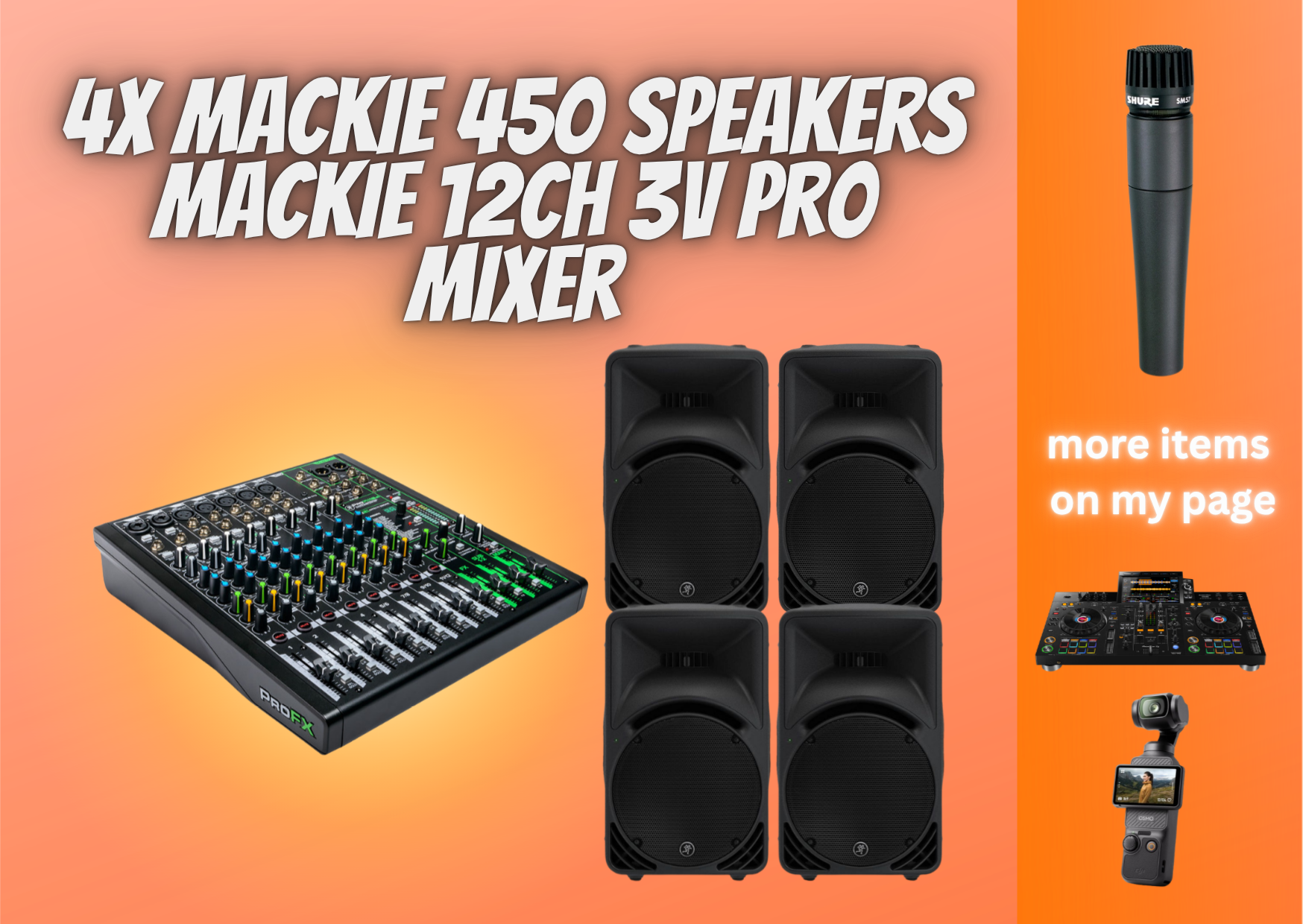 4x mackie srm 450 v3 speakers + mackie 12 channel mixer audio package