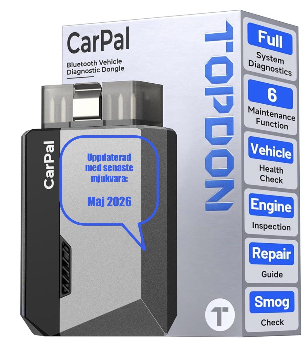 Topdon carpal obd2 kodläsare bluetooth, alla system obd2-skanner för ios och android, fordonshälsovård, 6 underhållstjänster, smog-check, reparationsguide