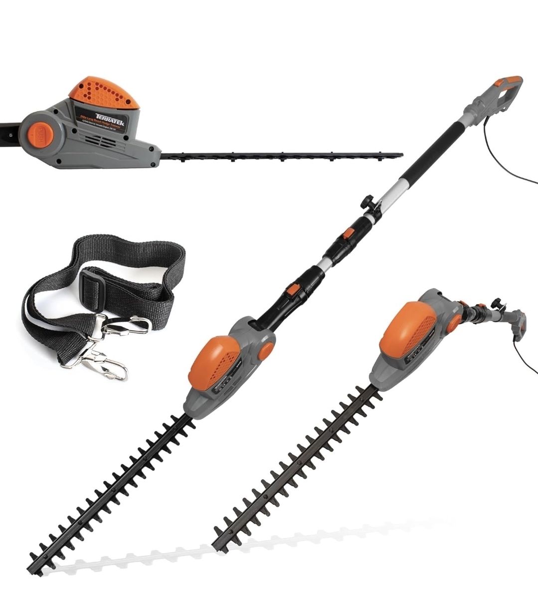 Terratek corded extendable pole hedge trimmer 550w 2.5m telescopic hedge trimmer long reach hedge cutter with 4 position's, 10m cable