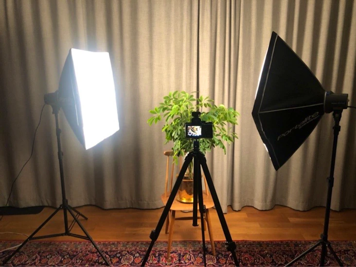 Kit för studiofoto, kamera, belysning m.m.