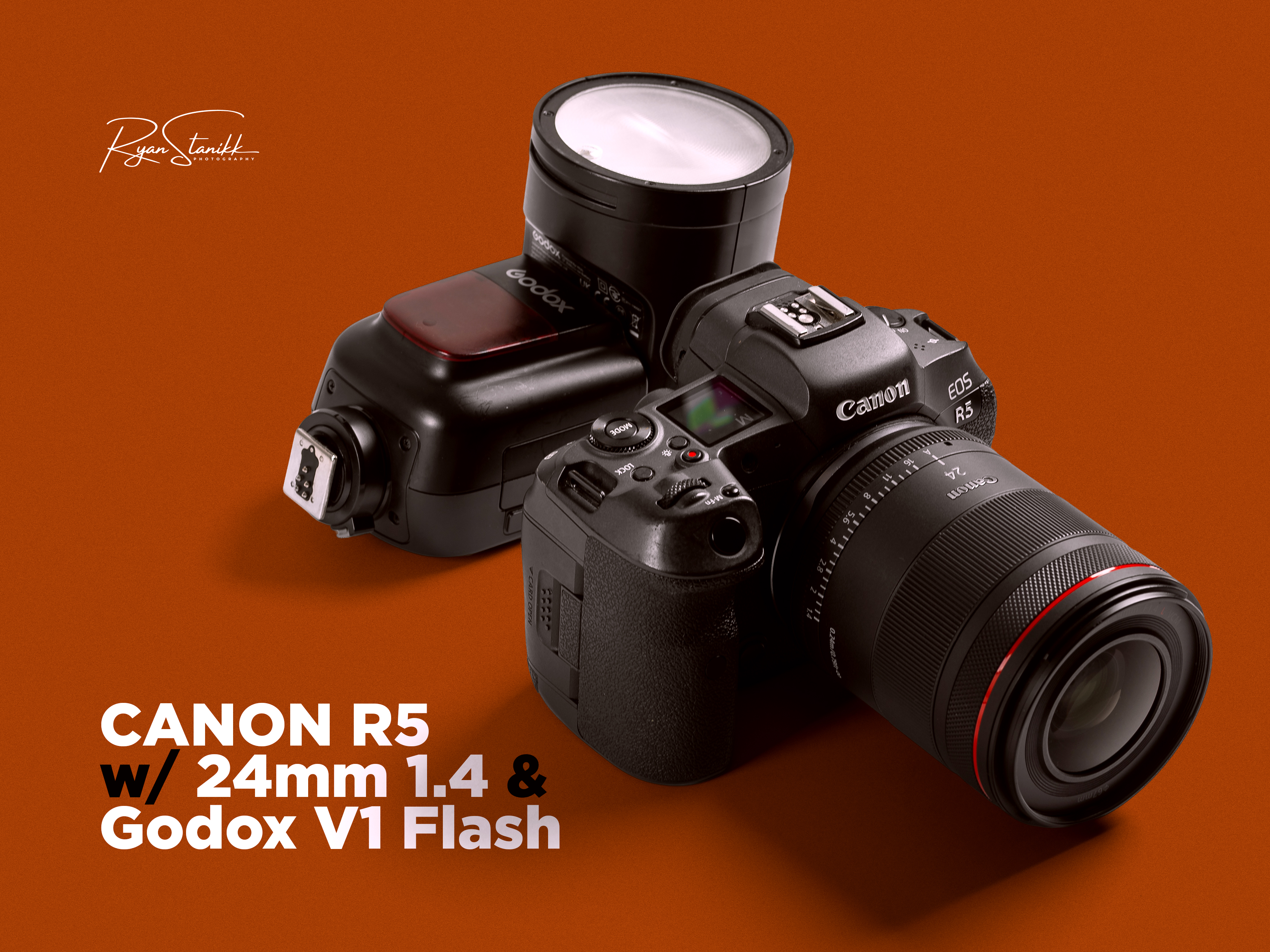 Canon r5 with 24mm f/1.4l rf vcm lens and godox v1 flash