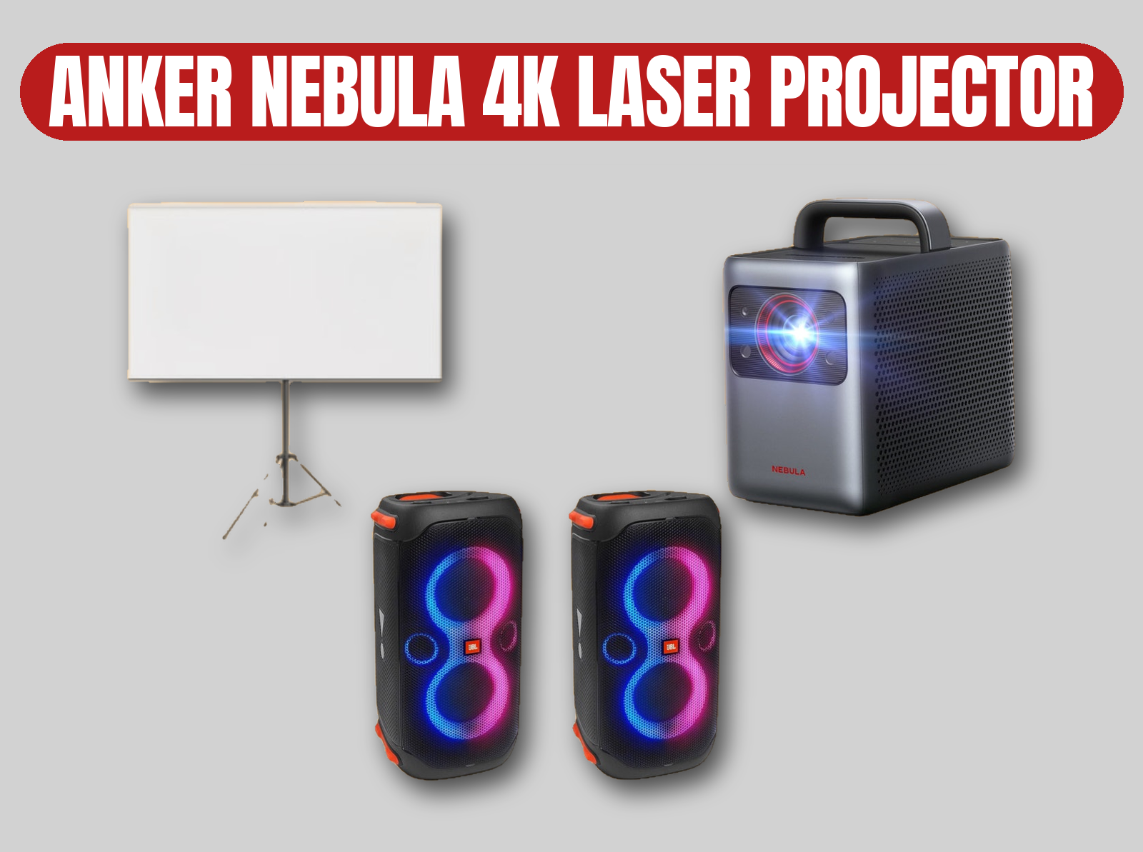 Anker nebula 4k laser projector & screen + 2x jbl partybox speakers | portable battery cinema kit (cosmos/capsule max style)
