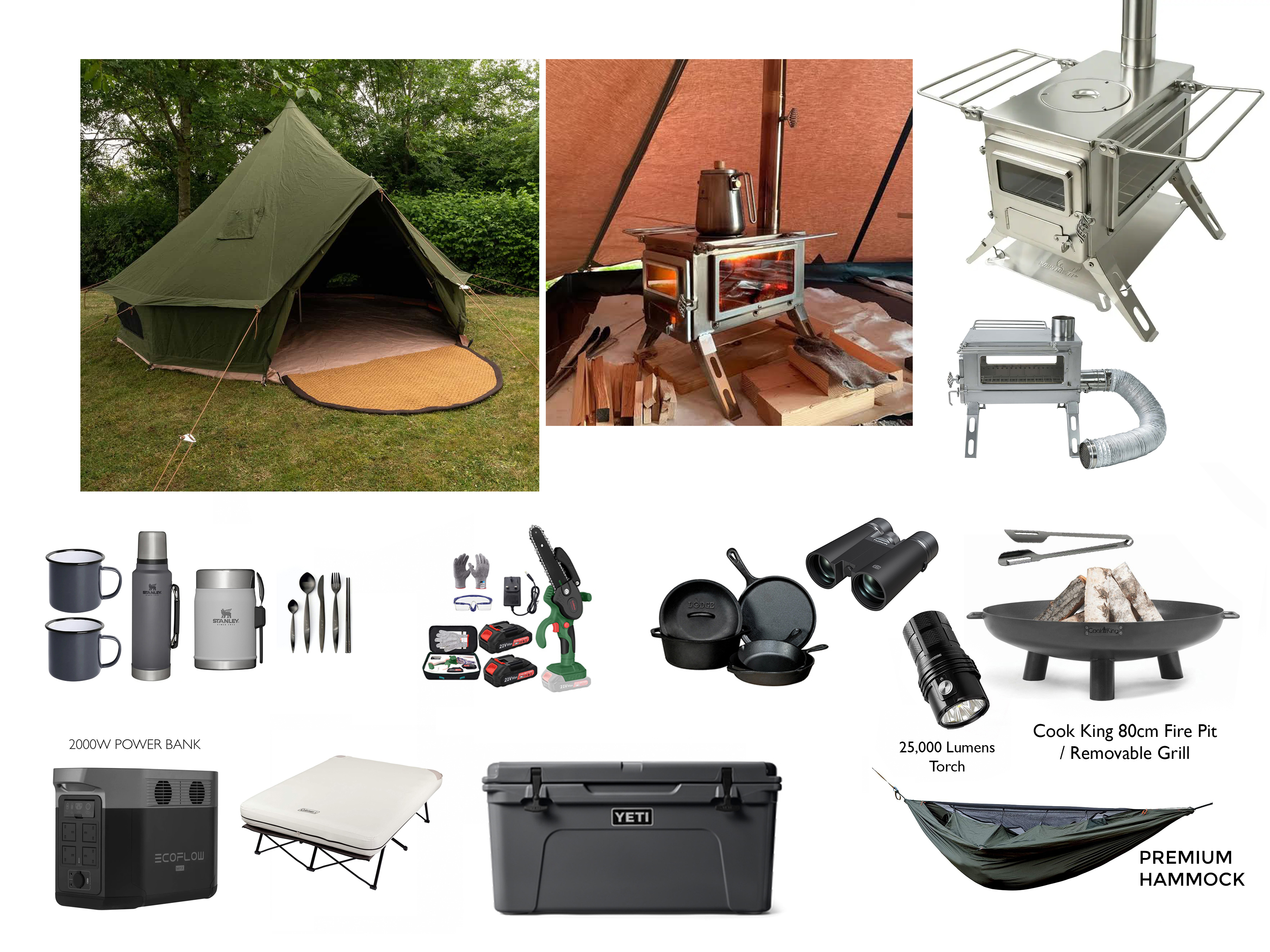 Bell tent 8 man olive green 5m - awning - stove - water - furniture custom