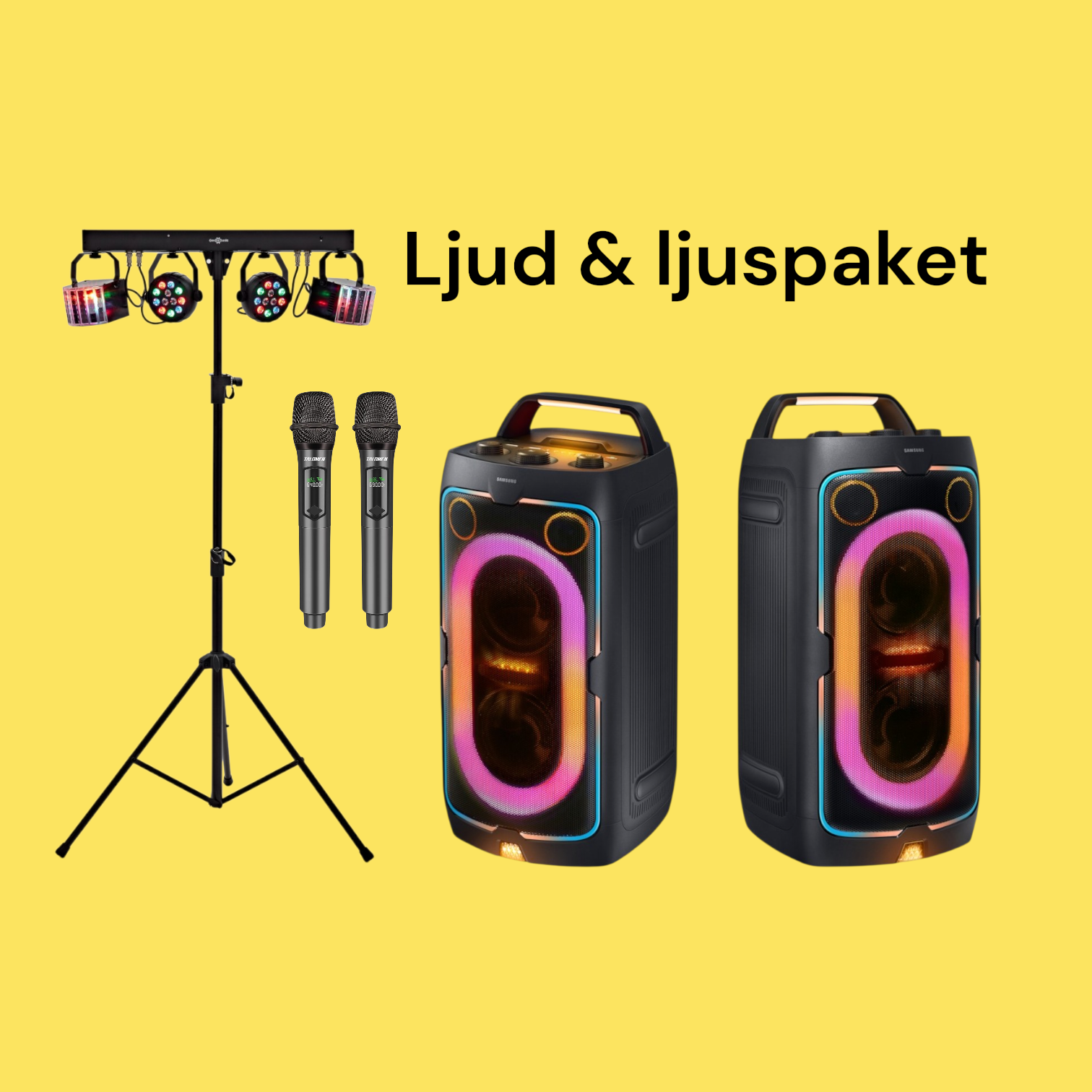 Ljud & ljuspaket 2 högtalare 160w 2 trådlösa mickar