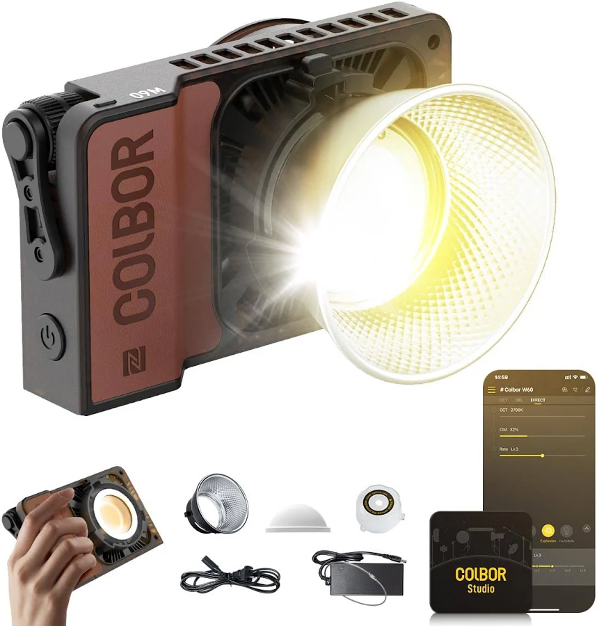 Colbor portable 60w rgb video light + stand + diffuser