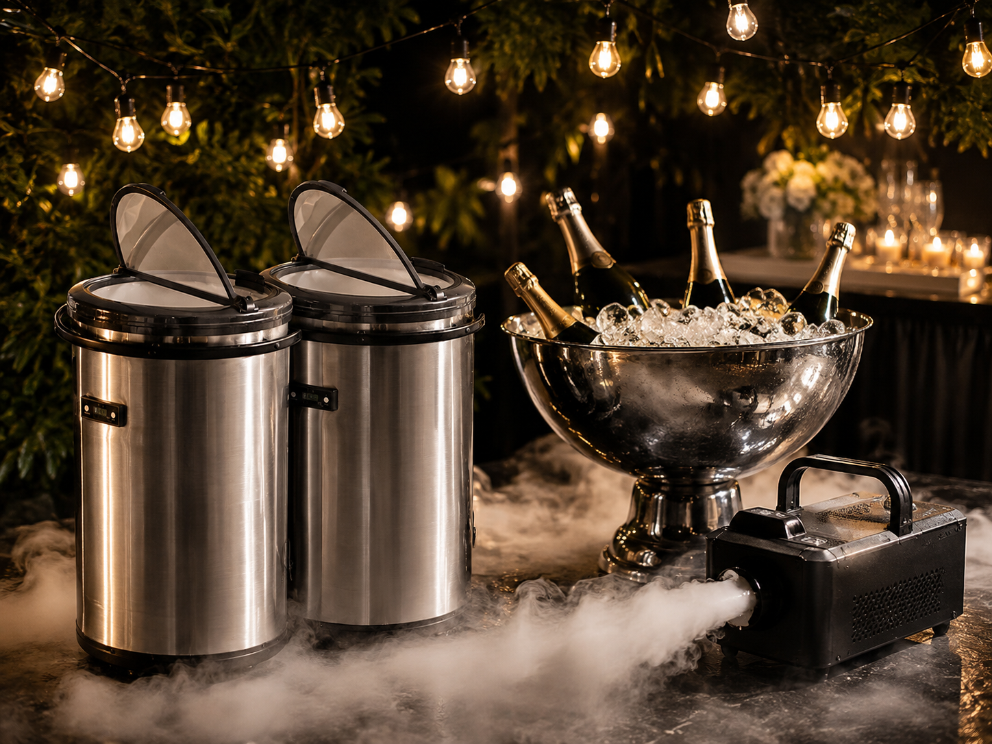 2 partycoolers 2 ljusslingor rökmaskin och  champagneskål