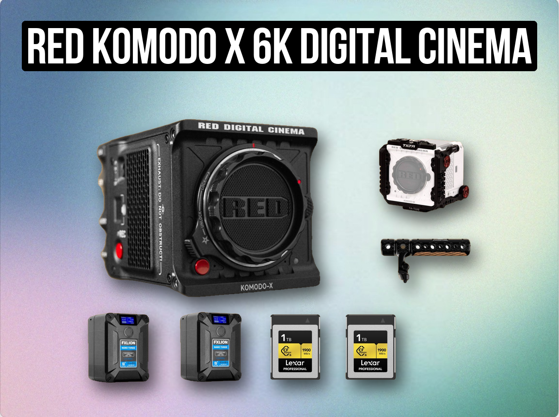 Red komodo x 6k digital cinema camera basic set 2x v-mount battery + 2 tb card + cage
